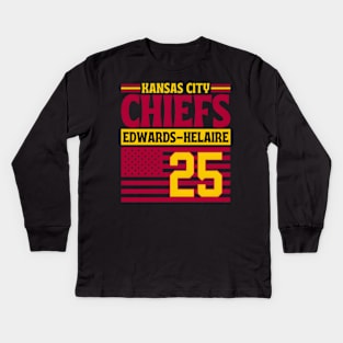 Kansas City Chiefs Edwards-Helaire 25 American Flag Football Kids Long Sleeve T-Shirt